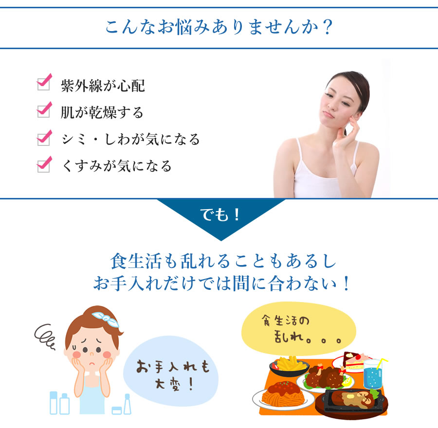 こんなお悩みありませんか？　紫外線が心配、肌が乾燥する、シミ・しわが気になる、くすみが気になる